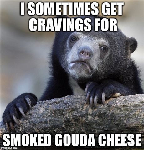 Confession Bear Meme | I SOMETIMES GET CRAVINGS FOR; SMOKED GOUDA CHEESE | image tagged in memes,confession bear | made w/ Imgflip meme maker