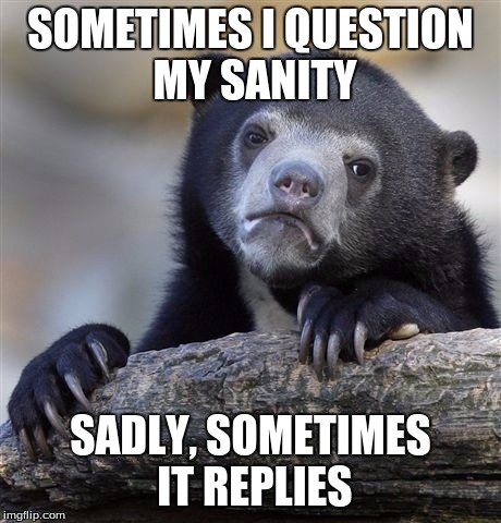 Confession Bear Meme | SOMETIMES I QUESTION MY SANITY; SADLY, SOMETIMES IT REPLIES | image tagged in memes,confession bear | made w/ Imgflip meme maker