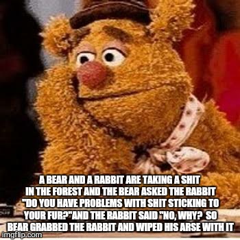 A bears got to do what a bears got to do |  A BEAR AND A RABBIT ARE TAKING A SHIT IN THE FOREST AND THE BEAR ASKED THE RABBIT "DO YOU HAVE PROBLEMS WITH SHIT STICKING TO YOUR FUR?"AND THE RABBIT SAID "NO, WHY?  SO BEAR GRABBED THE RABBIT AND WIPED HIS ARSE WITH IT | image tagged in memes,muppets,fozzie bear,funny,rabbits | made w/ Imgflip meme maker