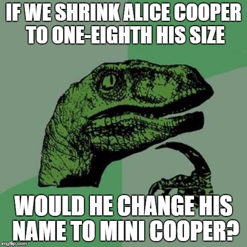 Philosoraptor Meme | IF WE SHRINK ALICE COOPER TO ONE-EIGHTH HIS SIZE; WOULD HE CHANGE HIS NAME TO MINI COOPER? | image tagged in memes,philosoraptor | made w/ Imgflip meme maker