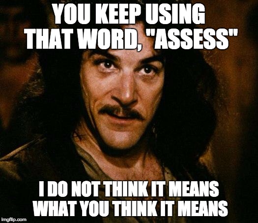 Inigo Montoya | YOU KEEP USING THAT WORD, "ASSESS"; I DO NOT THINK IT MEANS WHAT YOU THINK IT MEANS | image tagged in memes,inigo montoya | made w/ Imgflip meme maker