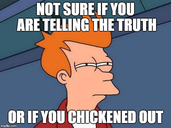 Futurama Fry Meme | NOT SURE IF YOU ARE TELLING THE TRUTH OR IF YOU CHICKENED OUT | image tagged in memes,futurama fry | made w/ Imgflip meme maker