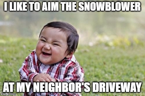 Evil Toddler Meme | I LIKE TO AIM THE SNOWBLOWER AT MY NEIGHBOR'S DRIVEWAY | image tagged in memes,evil toddler | made w/ Imgflip meme maker