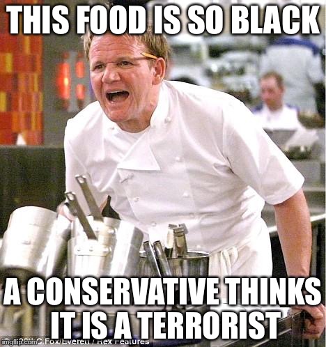 When you overcook food | THIS FOOD IS SO BLACK; A CONSERVATIVE THINKS IT IS A TERRORIST | image tagged in memes,chef gordon ramsay,politics | made w/ Imgflip meme maker