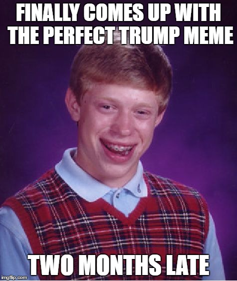Hint: I didn't. | FINALLY COMES UP WITH THE PERFECT TRUMP MEME; TWO MONTHS LATE | image tagged in memes,bad luck brian,donald trump | made w/ Imgflip meme maker