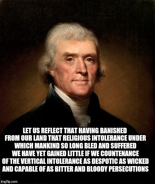 Thomas Jefferson | LET US REFLECT THAT HAVING BANISHED FROM OUR LAND THAT RELIGIOUS INTOLERANCE UNDER WHICH MANKIND SO LONG BLED AND SUFFERED WE HAVE YET GAINED LITTLE IF WE COUNTENANCE OF THE VERTICAL INTOLERANCE AS DESPOTIC AS WICKED AND CAPABLE OF AS BITTER AND BLOODY PERSECUTIONS | image tagged in thomas jefferson,famous quotes | made w/ Imgflip meme maker