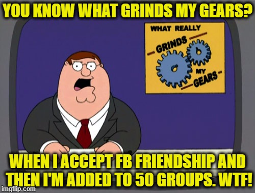Peter Griffin News | YOU KNOW WHAT GRINDS MY GEARS? WHEN I ACCEPT FB FRIENDSHIP AND THEN I'M ADDED TO 50 GROUPS. WTF! | image tagged in memes,peter griffin news | made w/ Imgflip meme maker