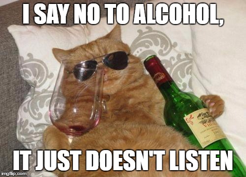 Cat Drinking Wine | I SAY NO TO ALCOHOL, IT JUST DOESN'T LISTEN | image tagged in cat drinking wine | made w/ Imgflip meme maker
