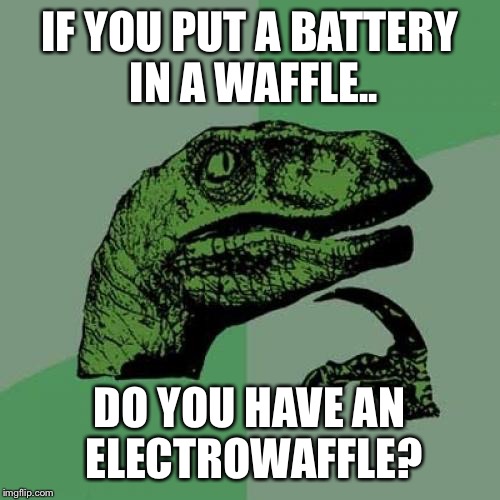 Philosoraptor | IF YOU PUT A BATTERY IN A WAFFLE.. DO YOU HAVE AN ELECTROWAFFLE? | image tagged in memes,philosoraptor | made w/ Imgflip meme maker