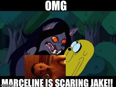 OMG; MARCELINE IS SCARING JAKE!! | image tagged in marceline scares jake | made w/ Imgflip meme maker