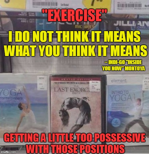 "EXERCISE"; I DO NOT THINK IT MEANS WHAT YOU THINK IT MEANS; ~ INDI-GO "INSIDE YOU NOW" MONTOYA; GETTING A LITTLE TOO POSSESSIVE WITH THOSE POSITIONS | image tagged in exorcist exercise | made w/ Imgflip meme maker