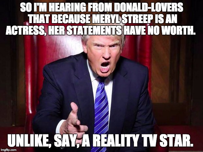 TRUMP vs. STREEP | SO I'M HEARING FROM DONALD-LOVERS THAT BECAUSE MERYL STREEP IS AN ACTRESS, HER STATEMENTS HAVE NO WORTH. UNLIKE, SAY, A REALITY TV STAR. | image tagged in donald trump,meryl streep,hillary clinton,actress,trump supporters,hillary lovers | made w/ Imgflip meme maker