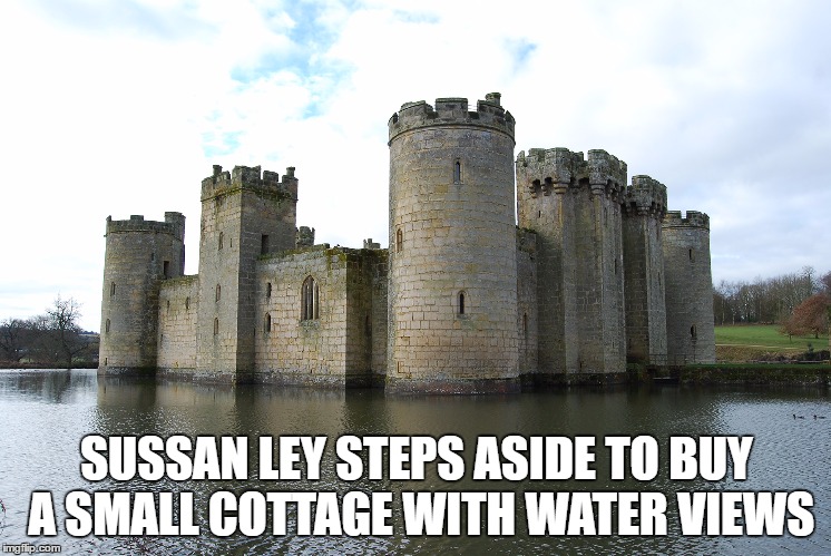 castle | SUSSAN LEY STEPS ASIDE TO BUY A SMALL COTTAGE WITH WATER VIEWS | image tagged in castle | made w/ Imgflip meme maker