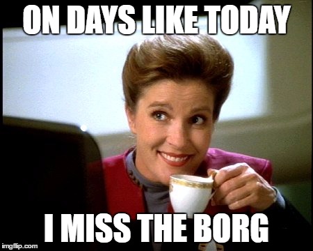 janeway knows coffee | ON DAYS LIKE TODAY; I MISS THE BORG | image tagged in janeway knows coffee | made w/ Imgflip meme maker