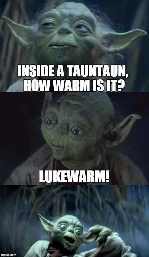A Little 900-Year-Old Humor | INSIDE A TAUNTAUN, HOW WARM IS IT? LUKEWARM! | image tagged in bad pun yoda,memes,yoda,star wars | made w/ Imgflip meme maker