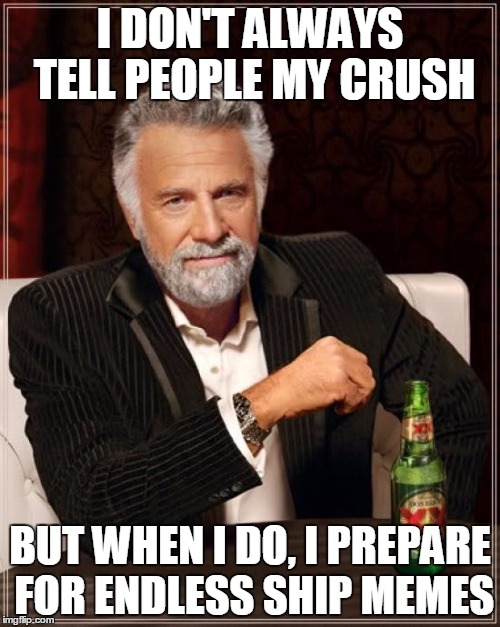 Lol, here we go | I DON'T ALWAYS TELL PEOPLE MY CRUSH; BUT WHEN I DO, I PREPARE FOR ENDLESS SHIP MEMES | image tagged in memes,the most interesting man in the world,shipping | made w/ Imgflip meme maker