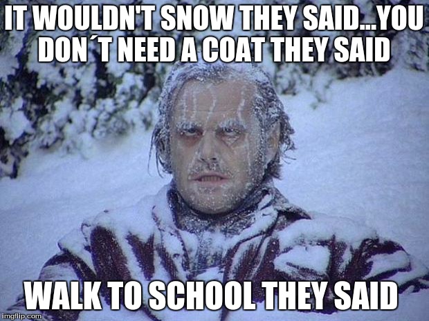 Jack Nicholson The Shining Snow | IT WOULDN'T SNOW THEY SAID...YOU DON´T NEED A COAT THEY SAID; WALK TO SCHOOL THEY SAID | image tagged in memes,jack nicholson the shining snow | made w/ Imgflip meme maker