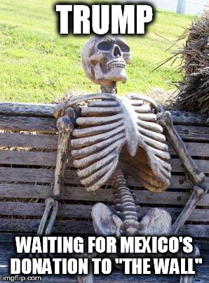 TRUMP 20?? | TRUMP; WAITING FOR MEXICO'S DONATION TO "THE WALL" | image tagged in memes,waiting skeleton,trump,skeleton,election,funny | made w/ Imgflip meme maker