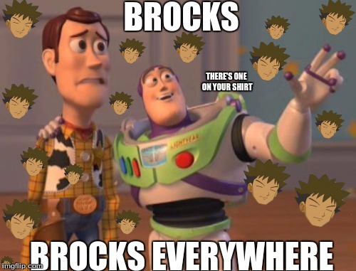 X, X Everywhere | BROCKS; THERE'S ONE ON YOUR SHIRT; BROCKS EVERYWHERE | image tagged in memes,x x everywhere | made w/ Imgflip meme maker