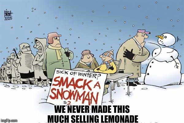 WE NEVER MADE THIS MUCH SELLING LEMONADE | image tagged in memes,snow,winter,funny | made w/ Imgflip meme maker