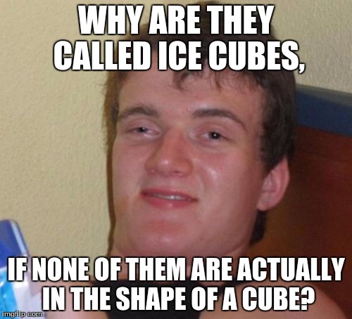 10 Guy Meme | WHY ARE THEY CALLED ICE CUBES, IF NONE OF THEM ARE ACTUALLY IN THE SHAPE OF A CUBE? | image tagged in memes,10 guy | made w/ Imgflip meme maker