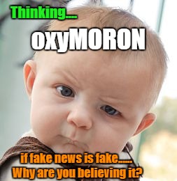 Thoughts of a Babe | Thinking.... oxyMORON; if fake news is fake...... Why are you believing it? | image tagged in memes,skeptical baby,unbelievable,funny memes | made w/ Imgflip meme maker