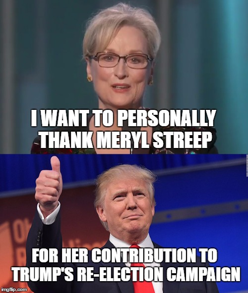 Streep Trump | I WANT TO PERSONALLY THANK MERYL STREEP; FOR HER CONTRIBUTION TO TRUMP'S RE-ELECTION CAMPAIGN | image tagged in streep trump | made w/ Imgflip meme maker
