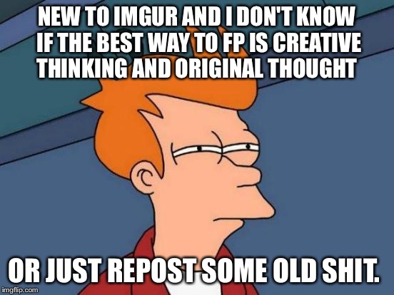 Futurama Fry Meme | NEW TO IMGUR AND I DON'T KNOW IF THE BEST WAY TO FP IS CREATIVE THINKING AND ORIGINAL THOUGHT; OR JUST REPOST SOME OLD SHIT. | image tagged in memes,futurama fry | made w/ Imgflip meme maker