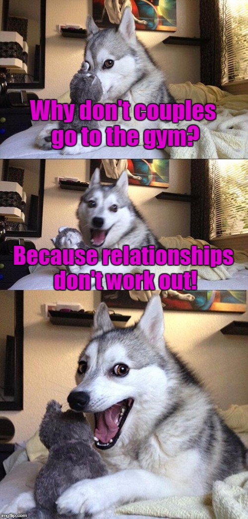 Just a couple of dumbbells  | Why don't couples go to the gym? Because relationships don't work out! | image tagged in memes,bad pun dog,relationship advice,trhtimmy | made w/ Imgflip meme maker