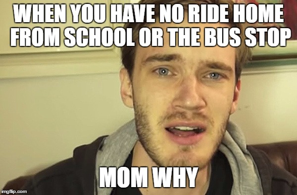 PewDiePie Sad | WHEN YOU HAVE NO RIDE HOME FROM SCHOOL OR THE BUS STOP; MOM WHY | image tagged in pewdiepie sad | made w/ Imgflip meme maker