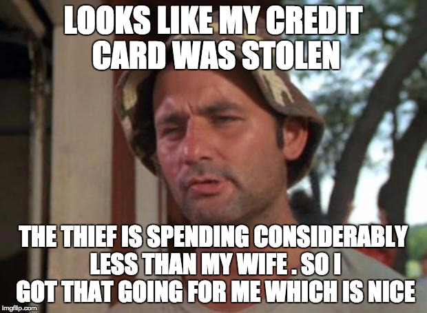 So I Got That Goin For Me Which Is Nice Meme | LOOKS LIKE MY CREDIT CARD WAS STOLEN; THE THIEF IS SPENDING CONSIDERABLY LESS THAN MY WIFE . SO I GOT THAT GOING FOR ME WHICH IS NICE | image tagged in memes,so i got that goin for me which is nice | made w/ Imgflip meme maker