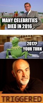 MANY CELEBRITIES DIED IN 2016; 2017? YOUR TURN | image tagged in sean connery vs kermit,memes,meme war | made w/ Imgflip meme maker
