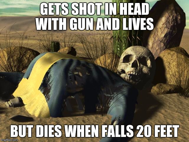 fallout death |  GETS SHOT IN HEAD WITH GUN AND LIVES; BUT DIES WHEN FALLS 20 FEET | image tagged in fallout death | made w/ Imgflip meme maker