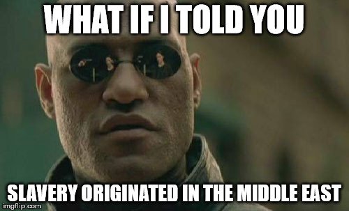 Matrix Morpheus Meme | WHAT IF I TOLD YOU SLAVERY ORIGINATED IN THE MIDDLE EAST | image tagged in memes,matrix morpheus | made w/ Imgflip meme maker