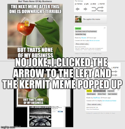 :( | NO JOKE, I CLICKED THE ARROW TO THE LEFT AND THE KERMIT MEME POPPED UP | image tagged in i got exposed | made w/ Imgflip meme maker