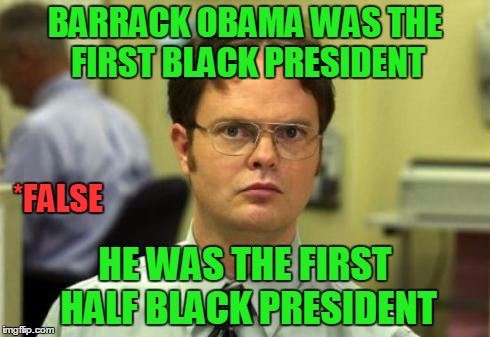 Both halves are worthless though. | BARRACK OBAMA WAS THE FIRST BLACK PRESIDENT; *FALSE; HE WAS THE FIRST HALF BLACK PRESIDENT | image tagged in dwight shrute | made w/ Imgflip meme maker