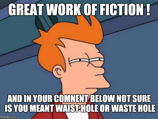 Futurama Fry Meme | GREAT WORK OF FICTION ! AND IN YOUR COMNENT BELOW NOT SURE IS YOU MEANT WAIST HOLE OR WASTE HOLE | image tagged in memes,futurama fry | made w/ Imgflip meme maker