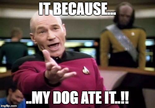 Picard Wtf Meme | IT BECAUSE... ..MY DOG ATE IT..!! | image tagged in memes,picard wtf | made w/ Imgflip meme maker