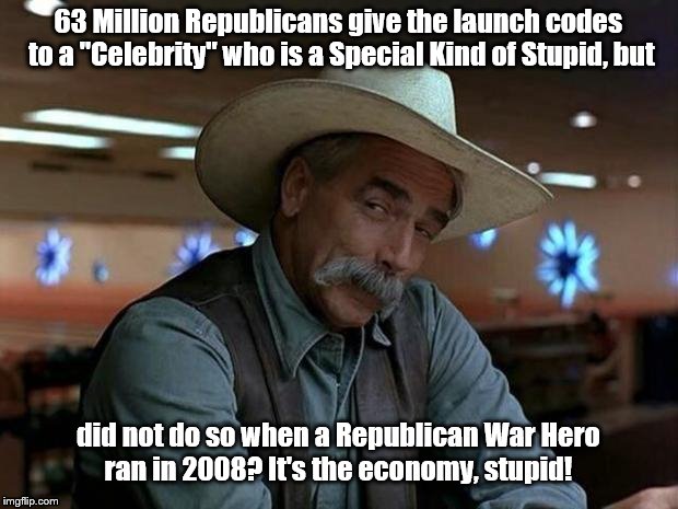 special kind of stupid | 63 Million Republicans give the launch codes to a "Celebrity" who is a Special Kind of Stupid, but; did not do so when a Republican War Hero ran in 2008? It's the economy, stupid! | image tagged in special kind of stupid | made w/ Imgflip meme maker