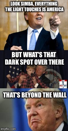 LOOK SIMBA, EVERYTHING THE LIGHT TOUCHES IS AMERICA; BUT WHAT'S THAT DARK SPOT OVER THERE; THAT'S BEYOND THE WALL | image tagged in nevertrump | made w/ Imgflip meme maker