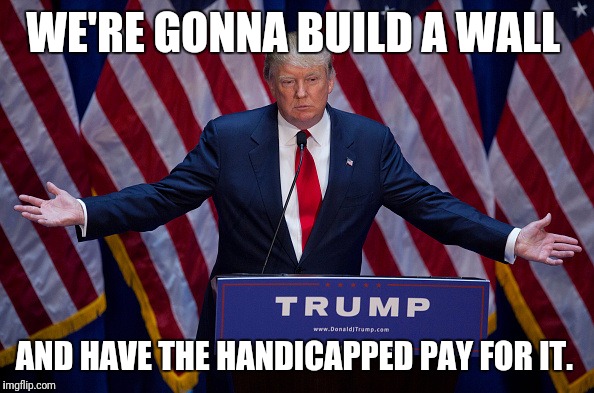 Donald Trump | WE'RE GONNA BUILD A WALL; AND HAVE THE HANDICAPPED PAY FOR IT. | image tagged in donald trump | made w/ Imgflip meme maker