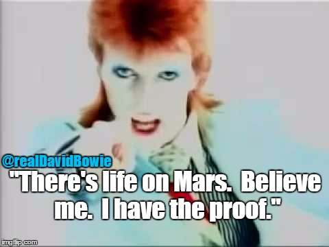 David bowie pointing | @realDavidBowie; "There's life on Mars.  Believe me.  I have the proof." | image tagged in david bowie pointing | made w/ Imgflip meme maker