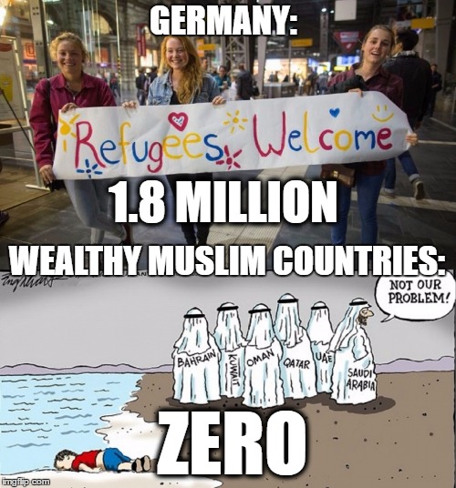 Zero help |  GERMANY:; 1.8 MILLION; WEALTHY MUSLIM COUNTRIES:; ZERO | image tagged in open borders,immigration,syrian refugees | made w/ Imgflip meme maker