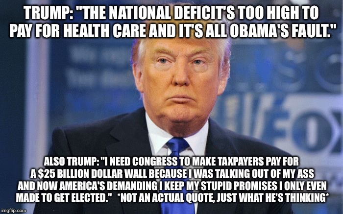 evil trump | TRUMP: "THE NATIONAL DEFICIT'S TOO HIGH TO PAY FOR HEALTH CARE AND IT'S ALL OBAMA'S FAULT."; ALSO TRUMP: "I NEED CONGRESS TO MAKE TAXPAYERS PAY FOR A $25 BILLION DOLLAR WALL BECAUSE I WAS TALKING OUT OF MY ASS AND NOW AMERICA'S DEMANDING I KEEP MY STUPID PROMISES I ONLY EVEN MADE TO GET ELECTED."   *NOT AN ACTUAL QUOTE, JUST WHAT HE'S THINKING* | image tagged in evil trump | made w/ Imgflip meme maker