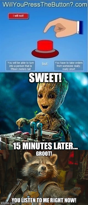 Groot is the Boss Now. | SWEET! 15 MINUTES LATER... | image tagged in groot,rocket raccoon,memes | made w/ Imgflip meme maker