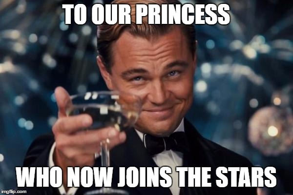 Leonardo Dicaprio Cheers Meme | TO OUR PRINCESS WHO NOW JOINS THE STARS | image tagged in memes,leonardo dicaprio cheers | made w/ Imgflip meme maker