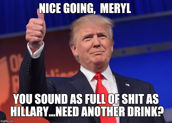 donald trump | NICE GOING,  MERYL; YOU SOUND AS FULL OF SHIT AS HILLARY...NEED ANOTHER DRINK? | image tagged in donald trump | made w/ Imgflip meme maker