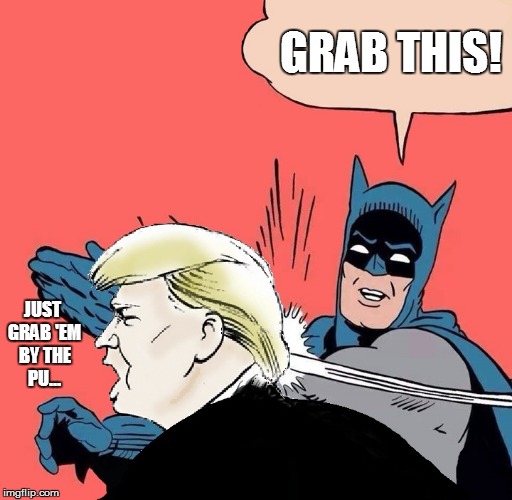 Batman slaps Trump right meow! | GRAB THIS! JUST GRAB 'EM BY THE PU... | image tagged in batman slaps trump | made w/ Imgflip meme maker