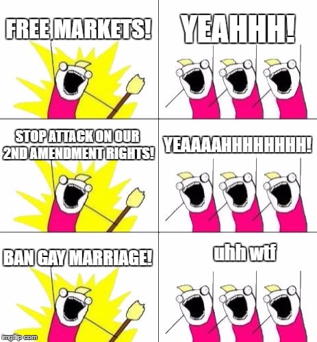Libertarians and Republicans | FREE MARKETS! YEAHHH! STOP ATTACK ON OUR 2ND AMENDMENT RIGHTS! YEAAAAHHHHHHHH! BAN GAY MARRIAGE! uhh wtf | image tagged in memes,what do we want,republican,libertarian,gay | made w/ Imgflip meme maker