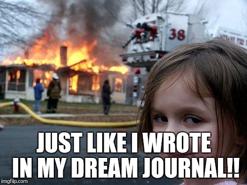 Disaster Girl | JUST LIKE I WROTE IN MY DREAM JOURNAL!! | image tagged in memes,disaster girl | made w/ Imgflip meme maker